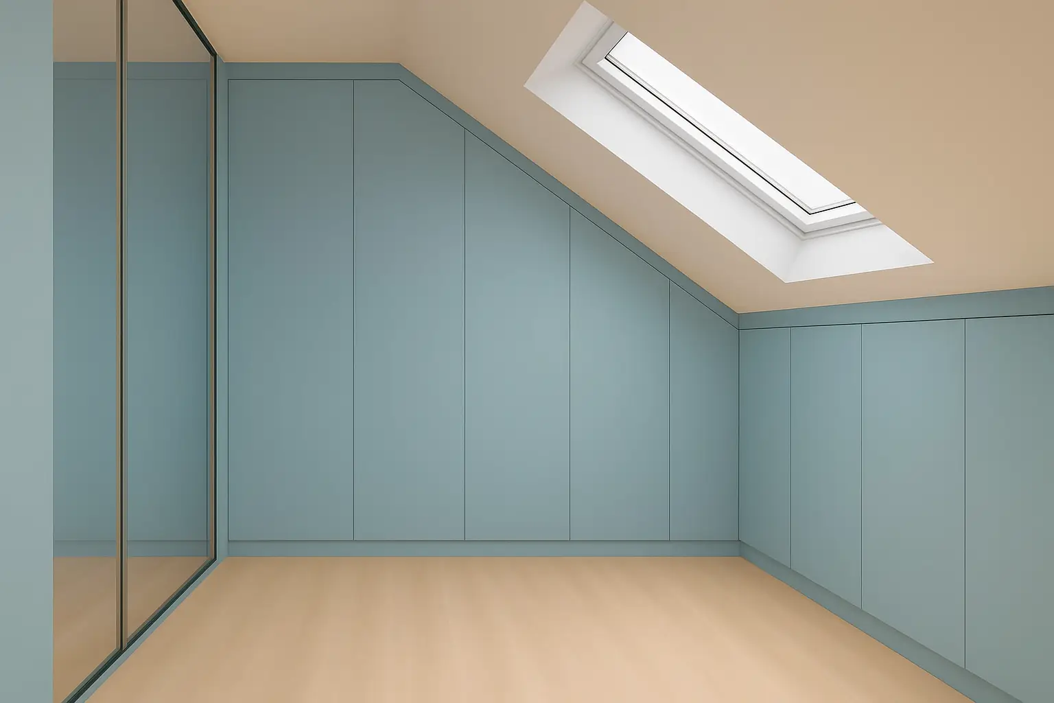 Vstavaná skriňa na mieru v podkroví, ktorá elegantne kopíruje šikmý strop.