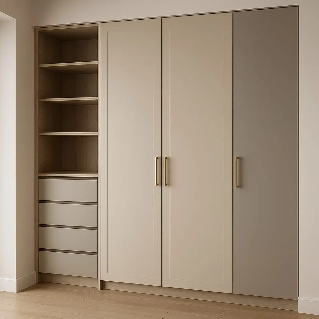 Rohová vstavaná skriňa v elegantnej šedej a šampanskej farbe